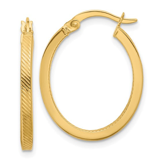 10K Yellow Gold Textured Oval Hoop Earrings