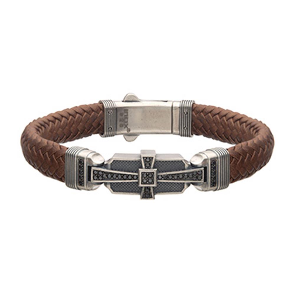 Men's Brown Leather with 925 Silver and 40 pcs Black CZ Deco Bracelet.