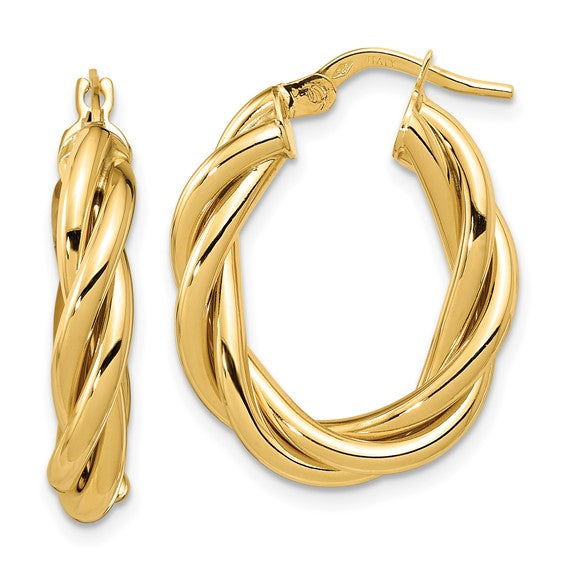 14K Yellow Gold Polished Twisted Oval Hoop Earrings