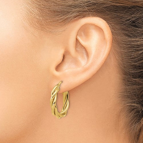 14K Yellow Gold Polished Twisted Oval Hoop Earrings