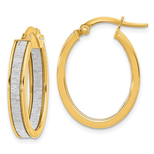 14K Yellow Gold Polished Glitter Infused Oval Hoop Earrings
