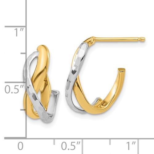 14K Two-Tone Gold Polished & Diamond Cut J-Hoop Post Earrings