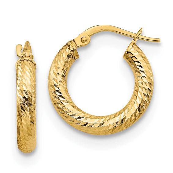 14K Yellow Gold Diamond Cut Round Hoop Earrings