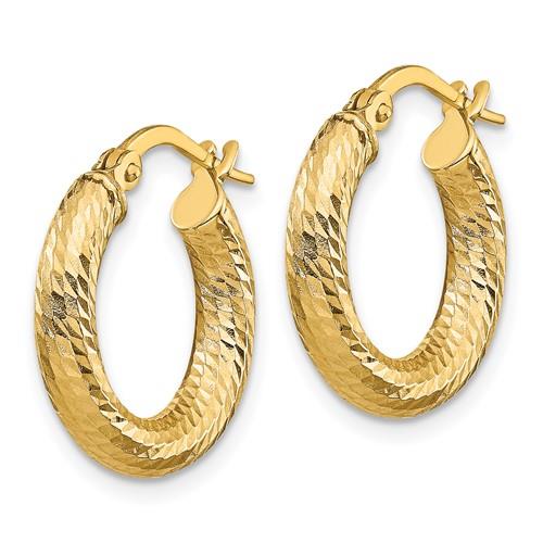 14K Yellow Gold Diamond Cut Round Hoop Earrings