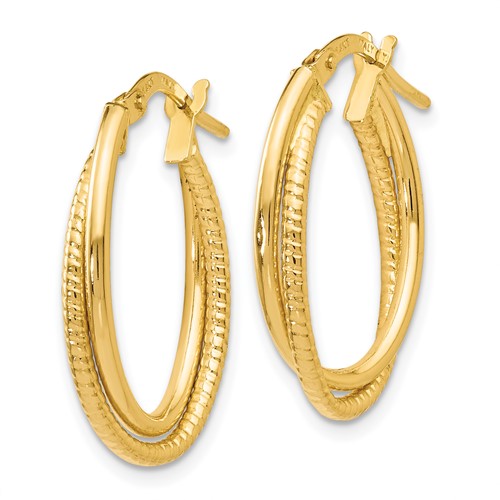 14K Polished & Textured Oval Hoop Earrings