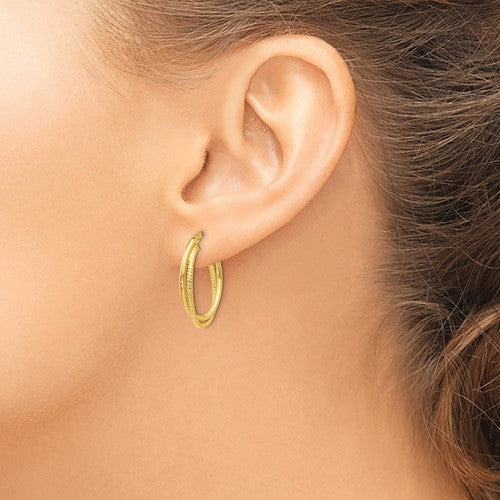 14K Polished & Textured Oval Hoop Earrings