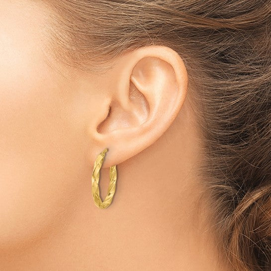 14K Yellow Gold Polished Twisted Oval Hoop Earrings