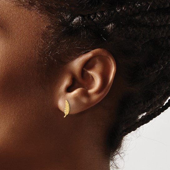 14K Polished & Diamond-Cut Leaf Post Earrings