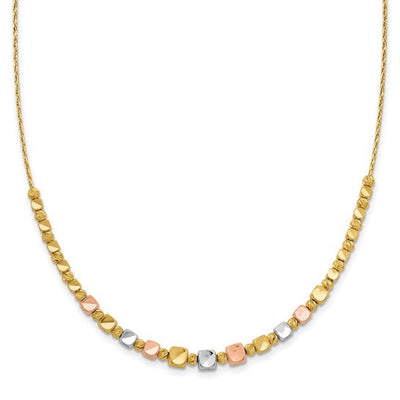 14k Tri-Color Polished & Diamond-Cut Square Beaded Necklace