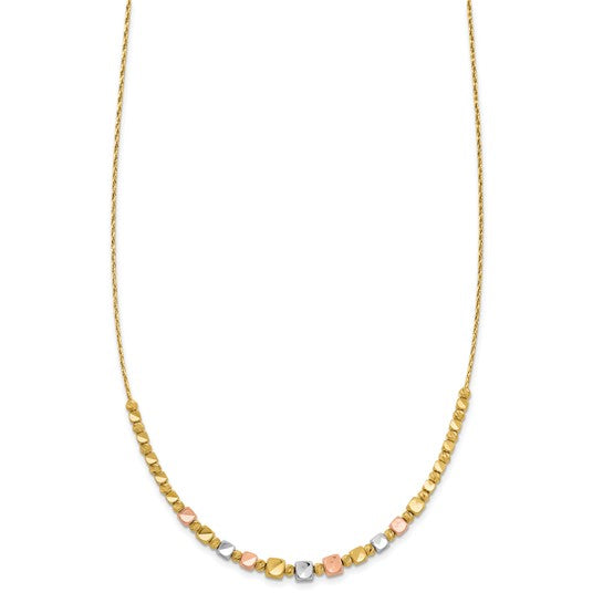 14k Tri-Color Polished & Diamond-Cut Square Beaded Necklace