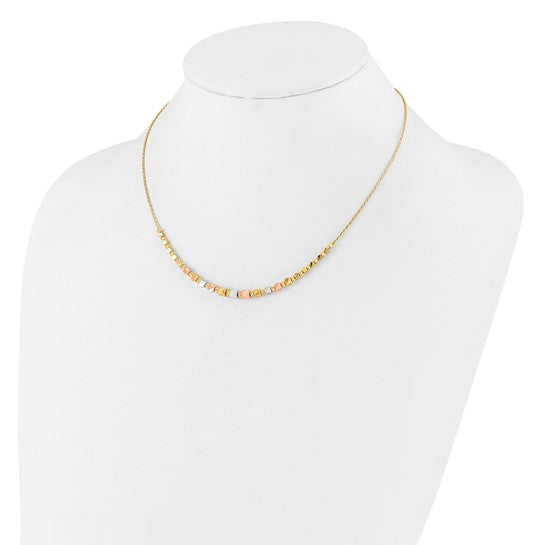 14k Tri-Color Polished & Diamond-Cut Square Beaded Necklace
