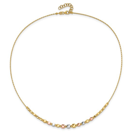14k Tri-Color Polished & Diamond-Cut Square Beaded Necklace