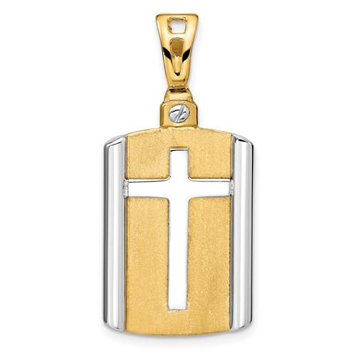 14K Two-Tone Gold Brushed Cross Dog Tag Pendant