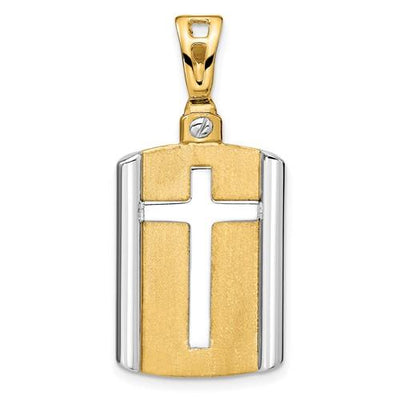 14K Two-Tone Gold Brushed Cross Dog Tag Pendant