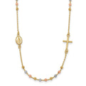 14k Tri-Color Polished Sideways Cross Beaded Rosary Necklace