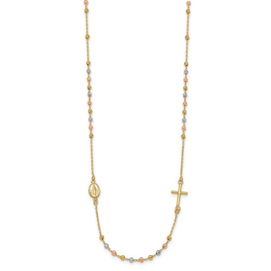 14k Tri-Color Polished Sideways Cross Beaded Rosary Necklace