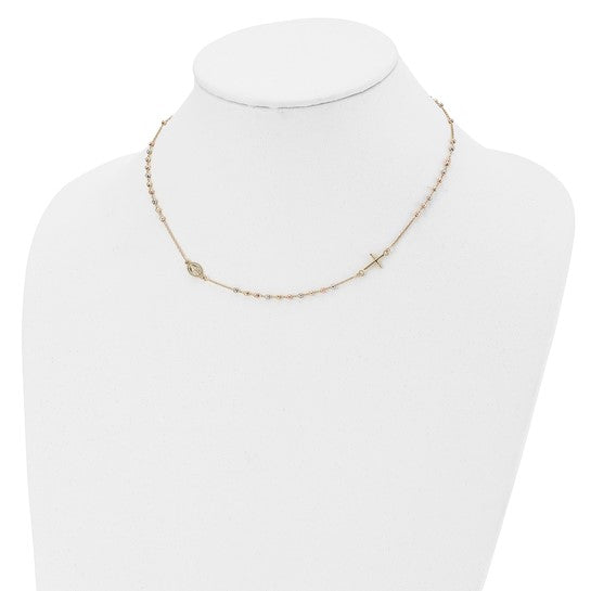 14k Tri-Color Polished Sideways Cross Beaded Rosary Necklace