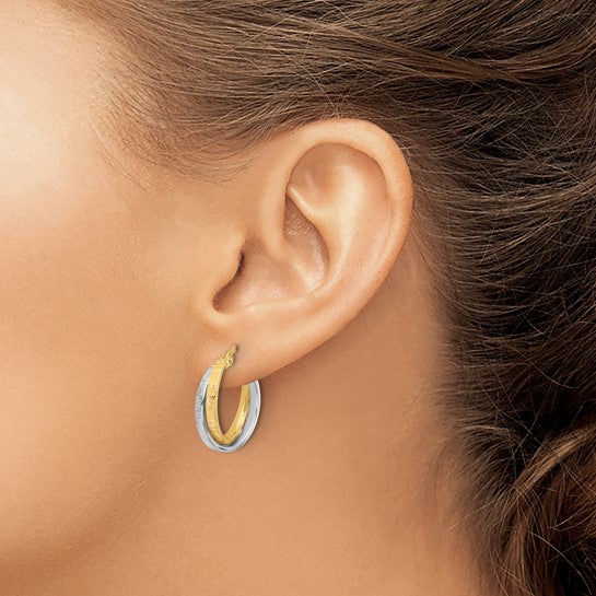 14K Two-Tone Gold Polished & Textured Bypass Hoop Earrings