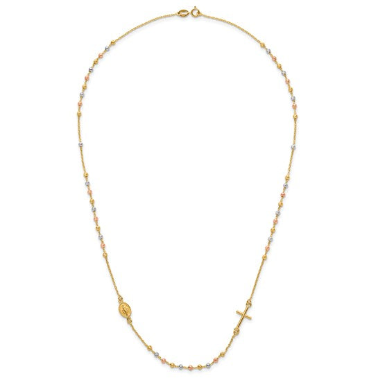 14k Tri-Color Polished Sideways Cross Beaded Rosary Necklace
